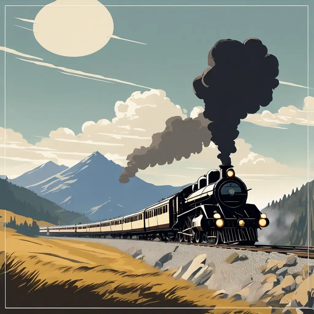 The orient express train moving at speed on the track on a sunny day with mountains in the background 1920, steam, Fantasy