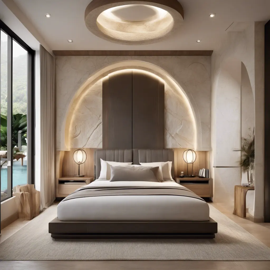 Modern take on upscale bali inspired small condo white cream stone, light wood round arches interor view of dark bedroom, Award-Winning, Photo Realistic