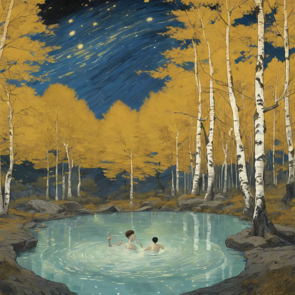Japanese hot springs, the edge of the hot spring is made of wood, the view from the perspective of the person bathing in the hot spring, the surroundings are a white birch forest, the forest in front of you, a fox in the forest, a starry sky, the surroundings. There are no people., Matte Painting by Vincent van Gogh