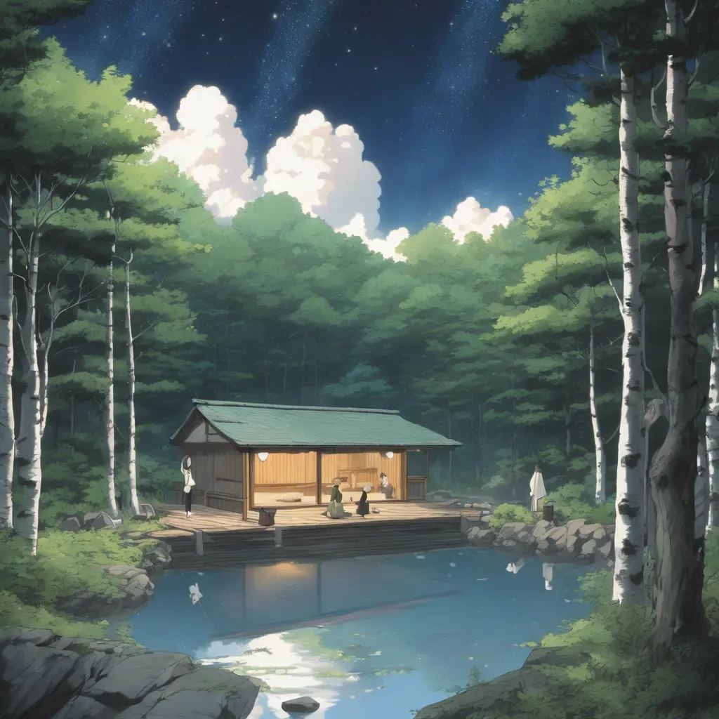 Japanese hot springs, the edge of the hot spring is made of wood, the view from the perspective of the person bathing in the hot spring, the surroundings are a white birch forest, the forest in front of you, a fox in the forest, a starry sky, the surroundings. There are no people., Matte Painting by Studio Ghibli