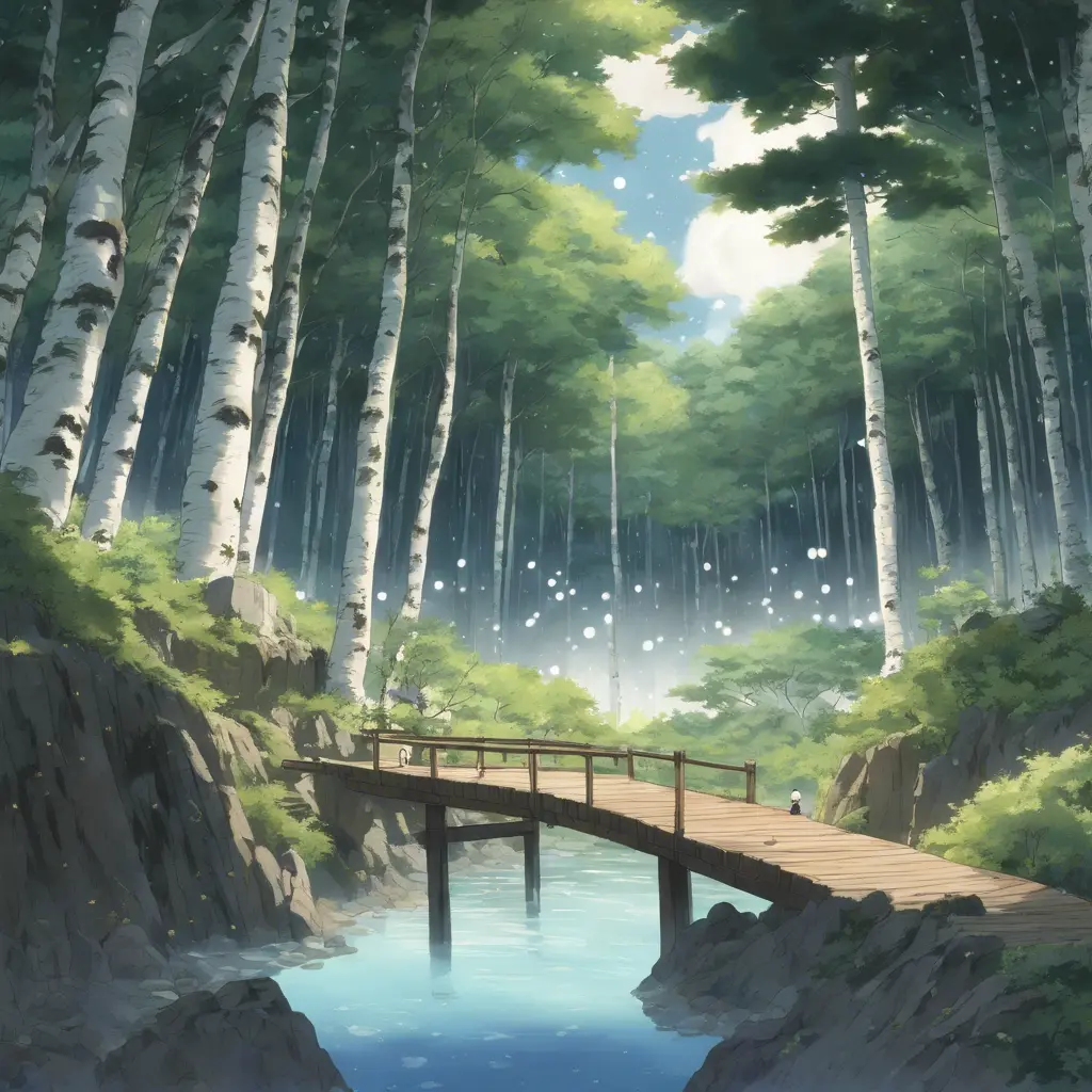 Japanese hot springs, the edge of the hot spring is made of wood, the view from the perspective of the person bathing in the hot spring, the surroundings are a white birch forest, the forest in front of you, a fox in the forest, a starry sky, the surroundings. There are no people., Matte Painting by Studio Ghibli