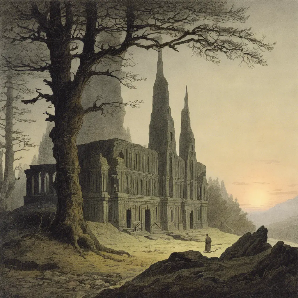 An old temple, Vintage Illustration, Fantasy by Caspar David Friedrich