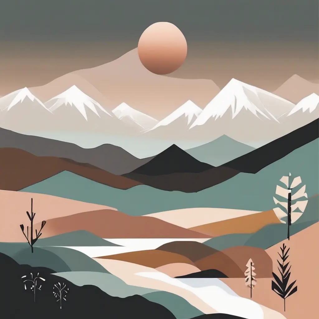 boho art Minimalist landscape mountains, Landscape