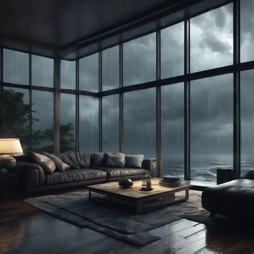 Interior architectural, beautiful interior living room with floor to ceiling glass windows overlooking the ocean, thunderstorm outside with torrential rain, 8k, High Resolution, Highly Detailed, Darkwave, Photo Realistic, Moody Lighting, Gloomy