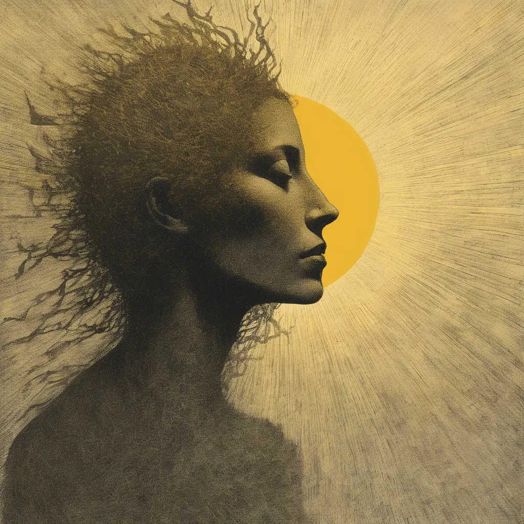 Sun profile, halftone pattern, editorial illustration of the memento morti, higly textured, genre defining mixed media collage painting, fringe absurdism, simple flowing shapes, subtle shadows, paper texture, minimalist color scheme, Award-Winning by Zdzislaw Beksinski