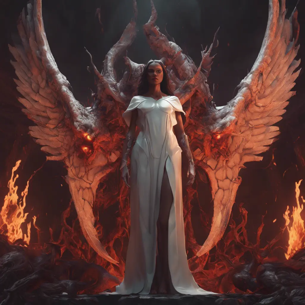 An angel and a demon in hell, 8k, Trending on Artstation, Symmetrical Face, Digital Illustration, Octane Render, Concept Art by Greg Rutkowski