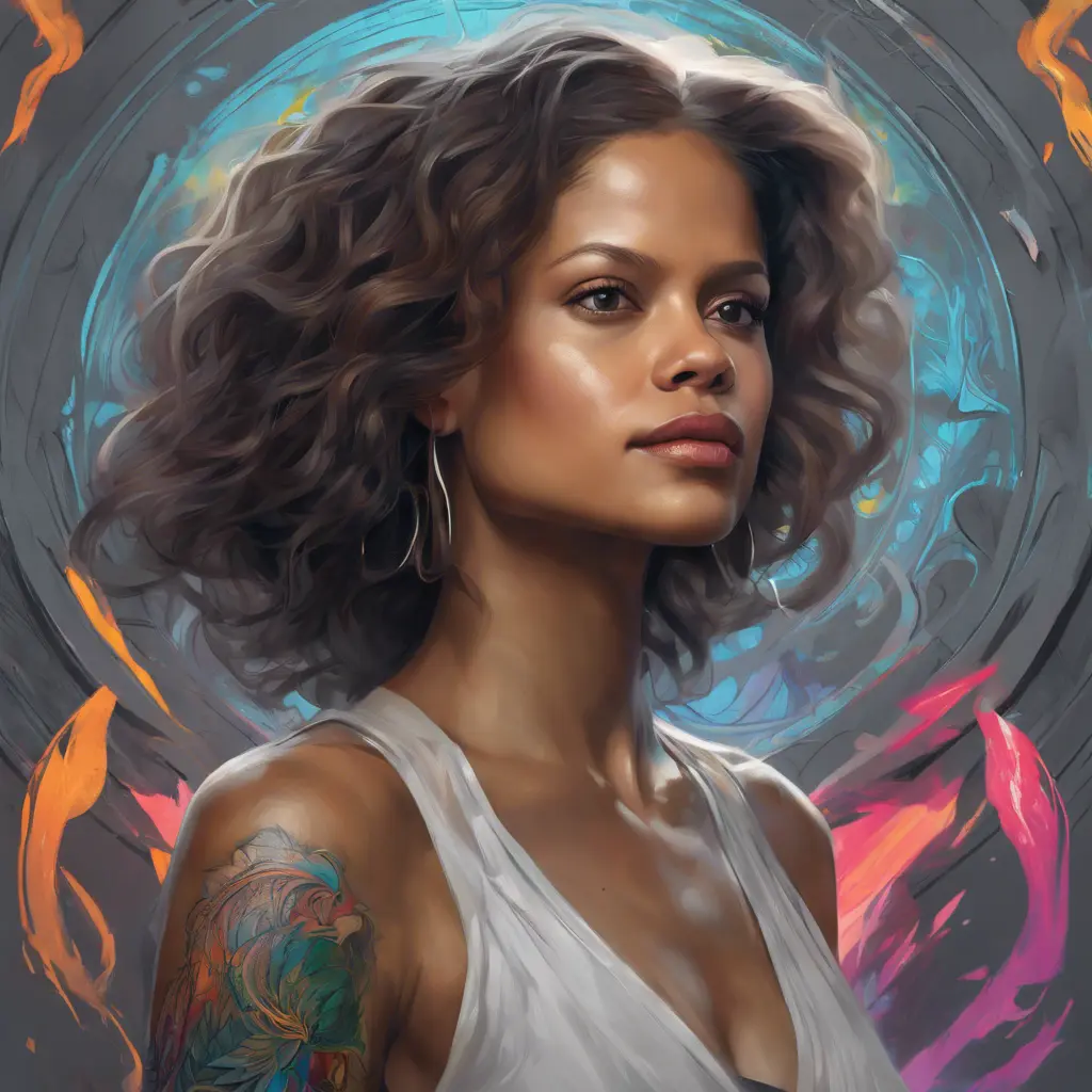 Gugu Mbatha-Raw, colorful painting on grey scale face, powerful, magic, thunders, dramatic lighting, intricate tattoos, wild, highly detailed, digital painting, artstation, concept art, smooth, sharp focus, illustration, art by artgerm and greg rutkowski and alphonse mucha, footage, 4k, Hyper Detailed