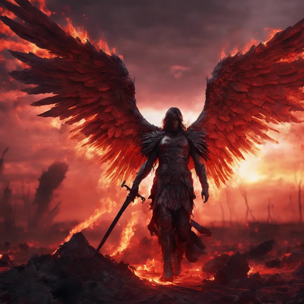 An armed angel with wings made of fire on a bloody battlefield with a bloodred sunset, 8k, Highly Detailed, Stunning, Volumetric Lighting, Fantasy, Dark by Stefan Kostic