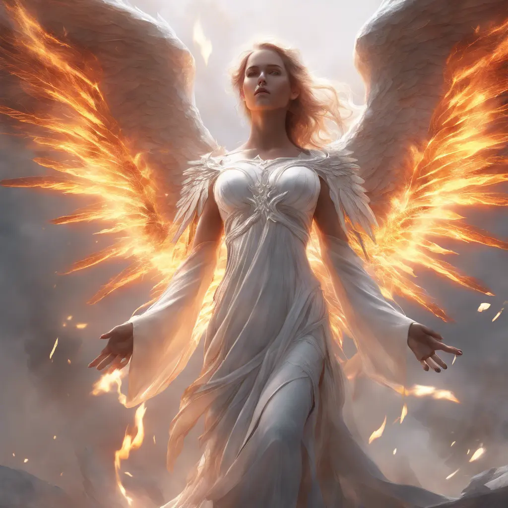 An angel in white with wings made of fire on a battlefield, 8k, Highly Detailed, Stunning, Volumetric Lighting, Fantasy, Dark by Stanley Artgerm Lau