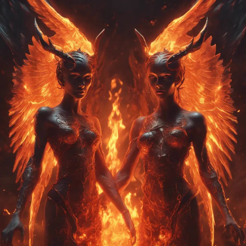 An angel and a demon surrounded by fire, 8k, Trending on Artstation, Symmetrical Face, Digital Illustration, Concept Art by Stefan Kostic