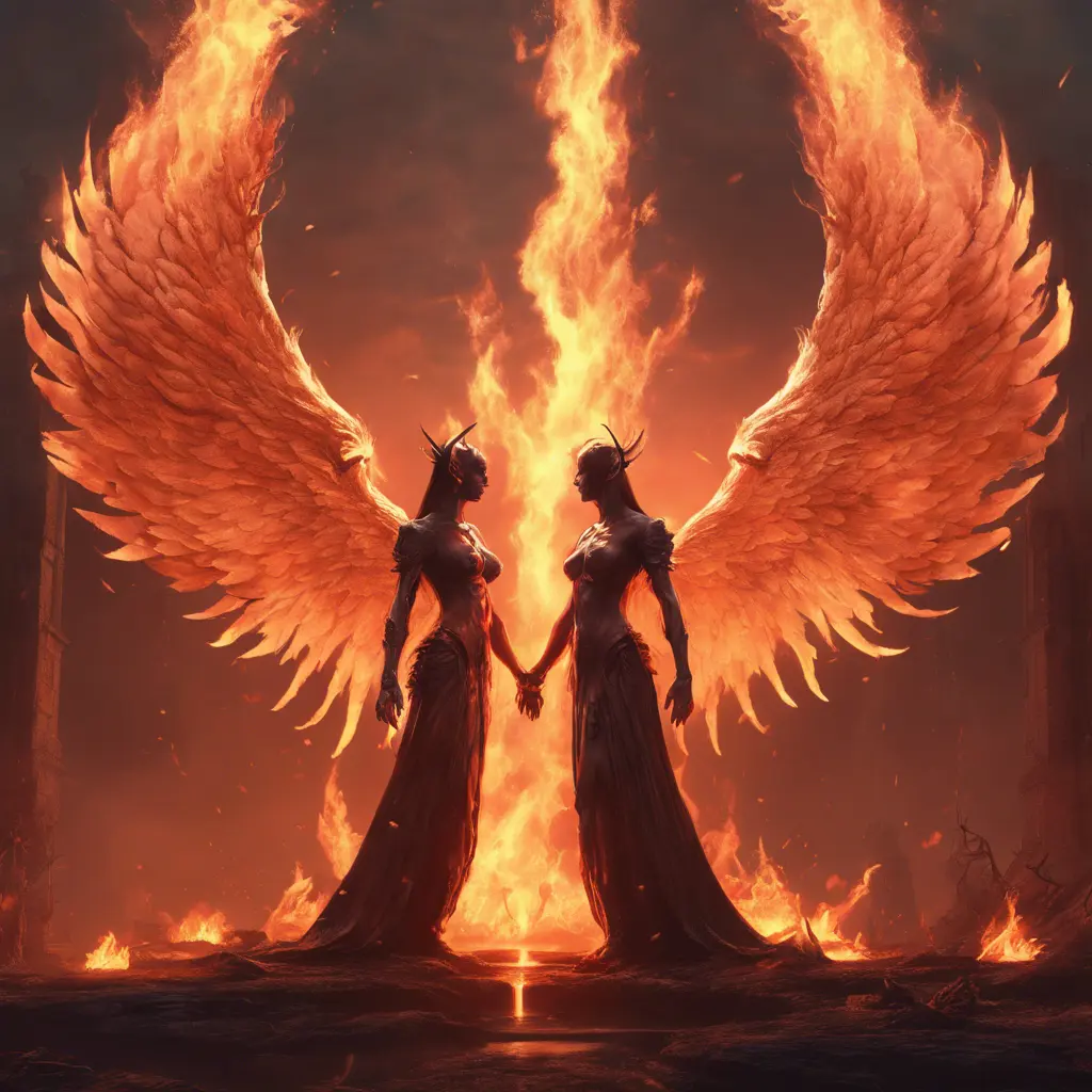 An angel and a demon surrounded by fire, 8k, Trending on Artstation, Symmetrical Face, Digital Illustration, Concept Art by Greg Rutkowski