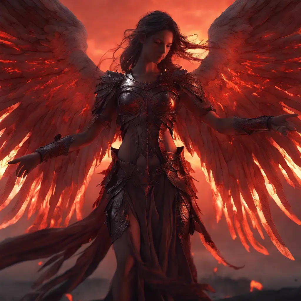 An angel with wings made of fire on a bloody battlefield with a bloodred sunset, 8k, Highly Detailed, Stunning, Volumetric Lighting, Fantasy, Dark by WLOP
