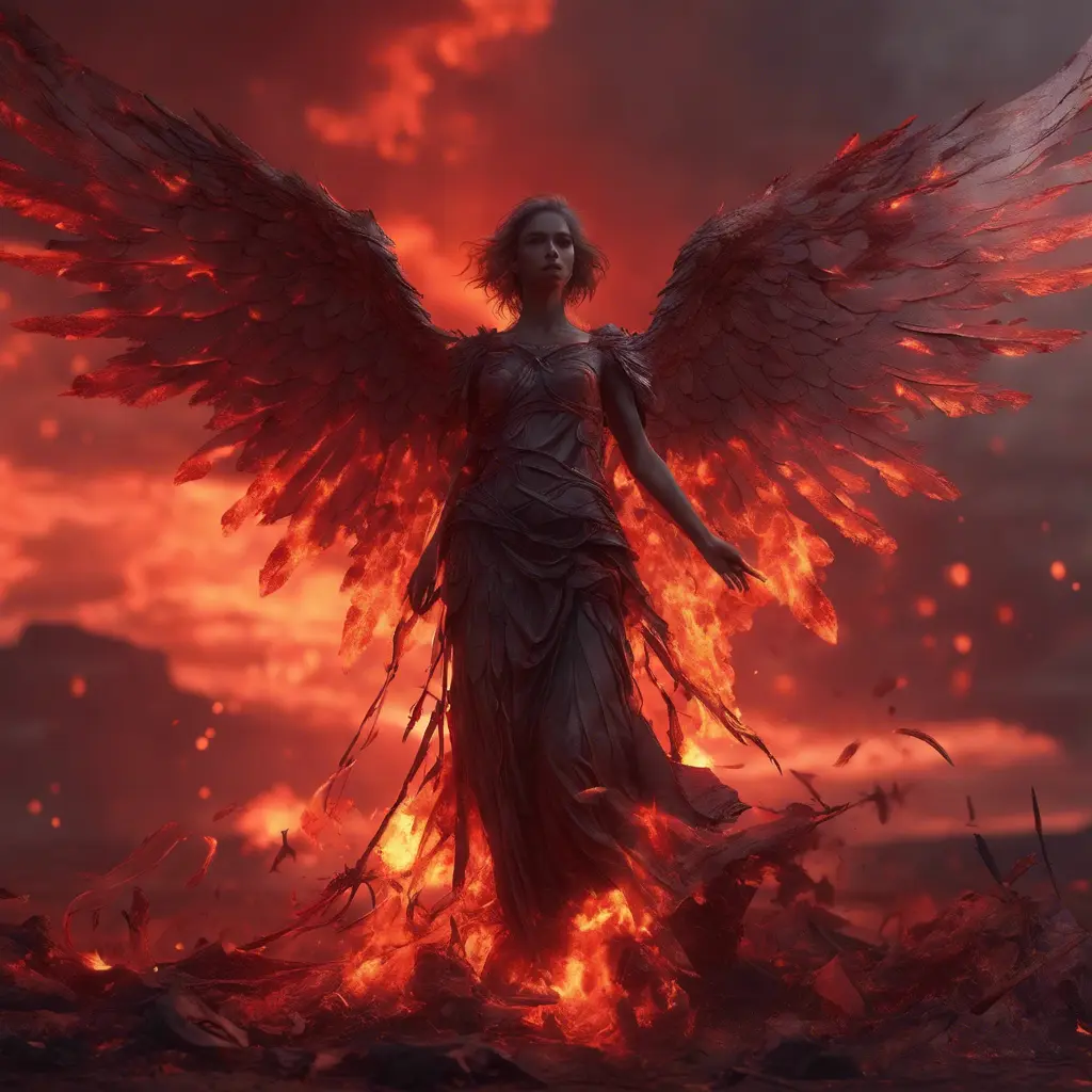 An angel with wings made of fire on a bloody battlefield with a bloodred sunset, 8k, Highly Detailed, Stunning, Volumetric Lighting, Fantasy, Dark by WLOP