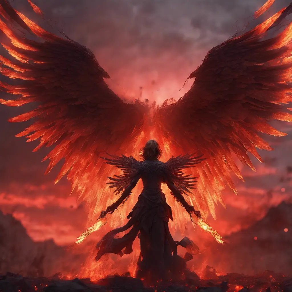 An angel with wings made of fire on a bloody battlefield with a bloodred sunset, 8k, Highly Detailed, Stunning, Volumetric Lighting, Fantasy, Dark by WLOP
