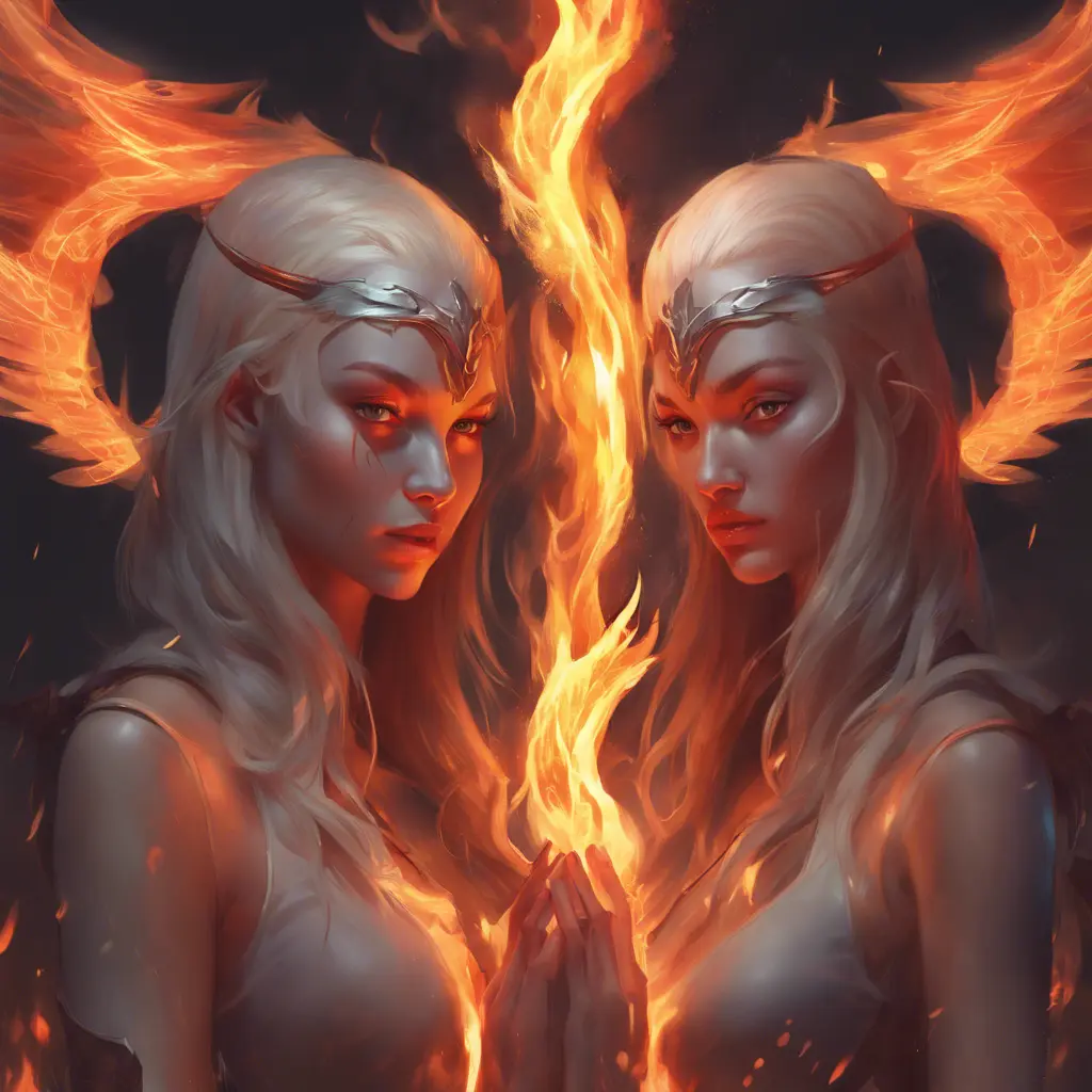 An angel and a demon surrounded by fire, 8k, Trending on Artstation, Symmetrical Face, Digital Illustration, Concept Art by Stanley Artgerm Lau