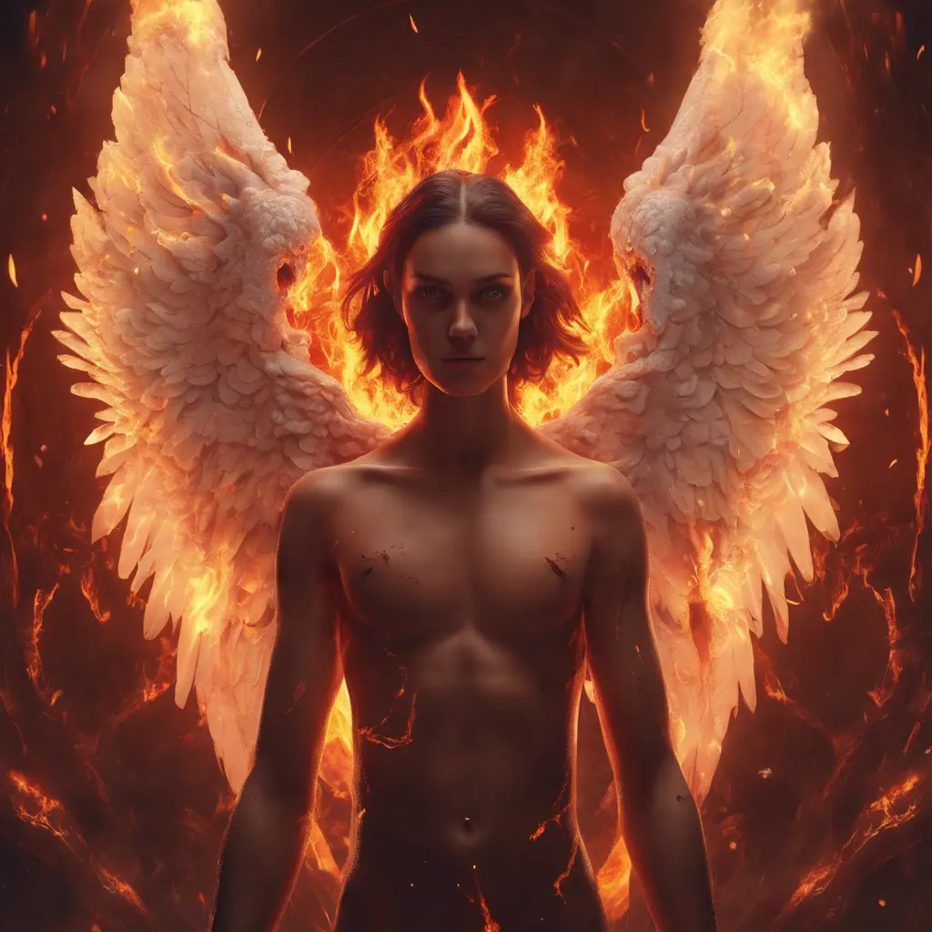 An angel and a demon surrounded by fire, 8k, Trending on Artstation, Symmetrical Face, Digital Illustration, Concept Art by Stefan Kostic
