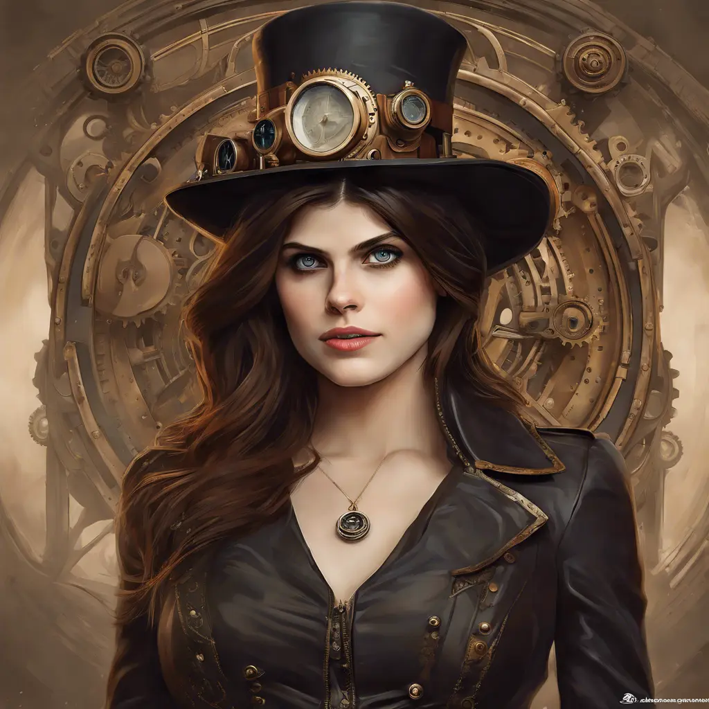 Steampunk portrait of Alexandra Daddario, Highly Detailed, Intricate, Artstation, Beautiful, Digital Painting, Sharp Focus, Concept Art, Elegant