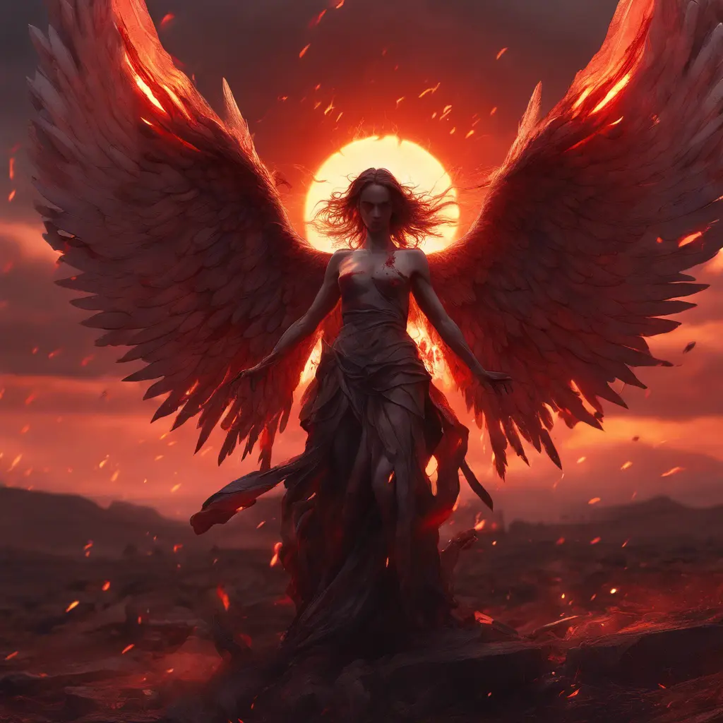 An angel with wings made of fire on a bloody battlefield with a bloodred sunset, 8k, Highly Detailed, Stunning, Volumetric Lighting, Fantasy, Dark by Stanley Artgerm Lau