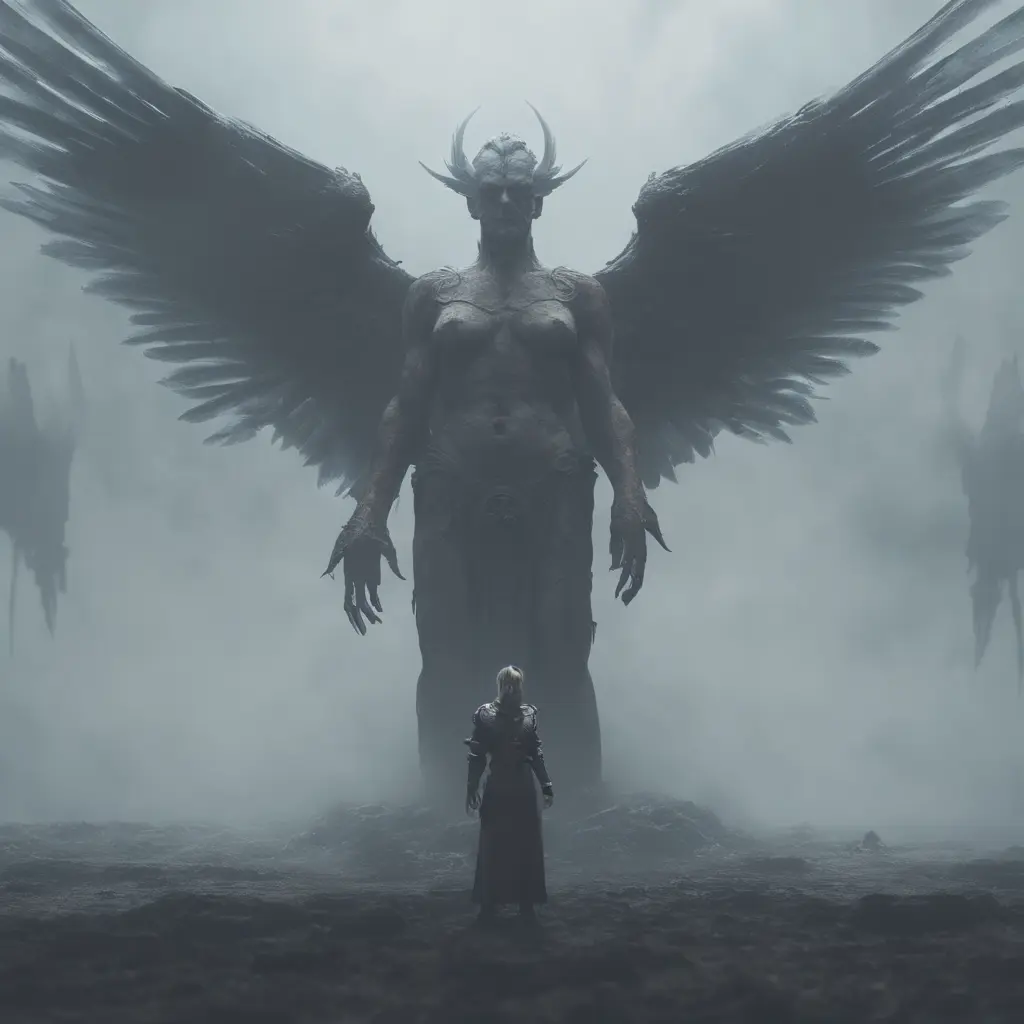 An angel and a demon in the fog of war, 8k, Symmetrical Face, Digital Illustration, Octane Render, Concept Art by Greg Rutkowski