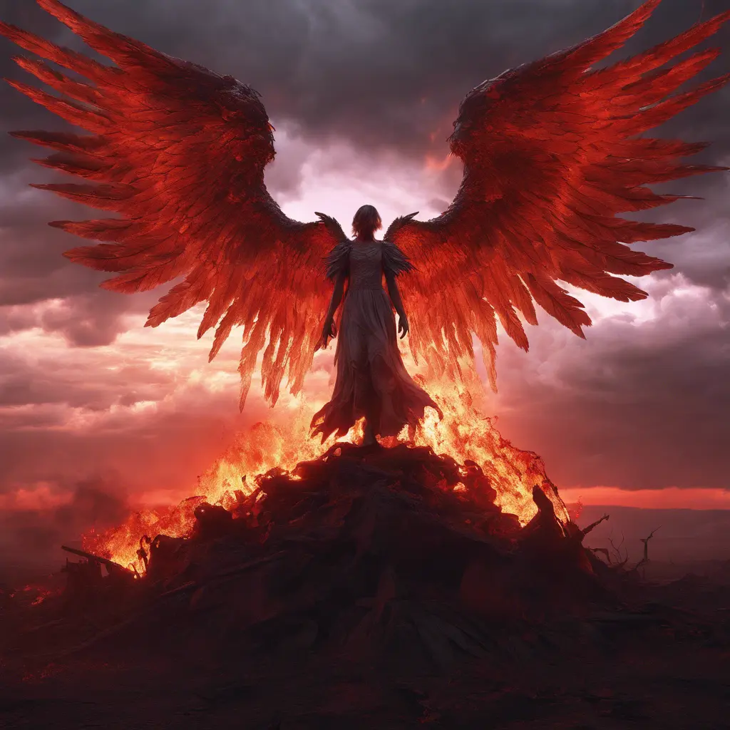 An angel with wings made of fire on a bloody battlefield with a bloodred sunset, 8k, Highly Detailed, Stunning, Volumetric Lighting, Fantasy, Dark by Greg Rutkowski