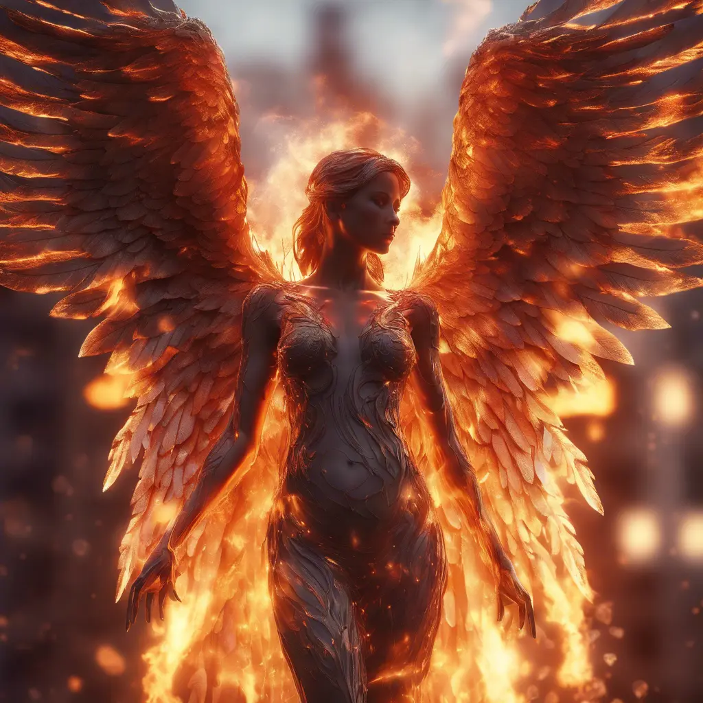 Angel with wings made of Fire, 8k, Stunning, Bokeh effect, Volumetric Lighting by Stanley Artgerm Lau