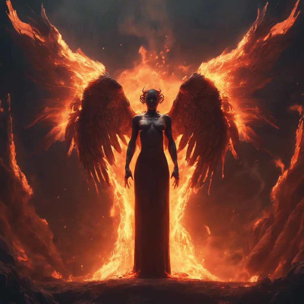 An angel and a demon surrounded by fire, 8k, Trending on Artstation, Symmetrical Face, Digital Illustration, Concept Art by Greg Rutkowski