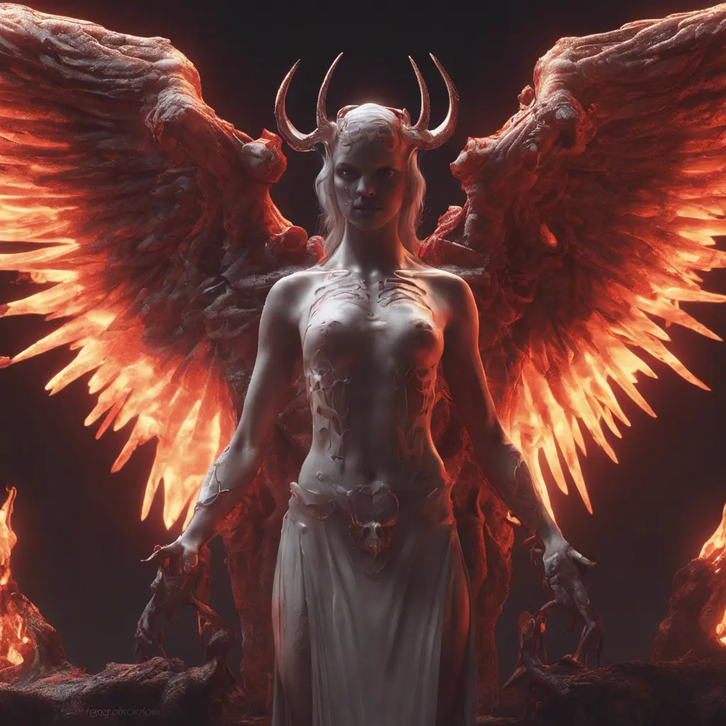An angel and a demon in hell, 8k, Trending on Artstation, Symmetrical Face, Digital Illustration, Octane Render, Concept Art by Greg Rutkowski