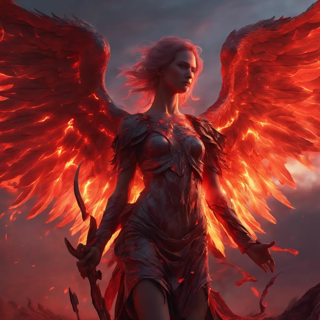 An angel with wings made of fire on a bloody battlefield with a bloodred sunset, 8k, Highly Detailed, Stunning, Volumetric Lighting, Fantasy, Dark by Stanley Artgerm Lau