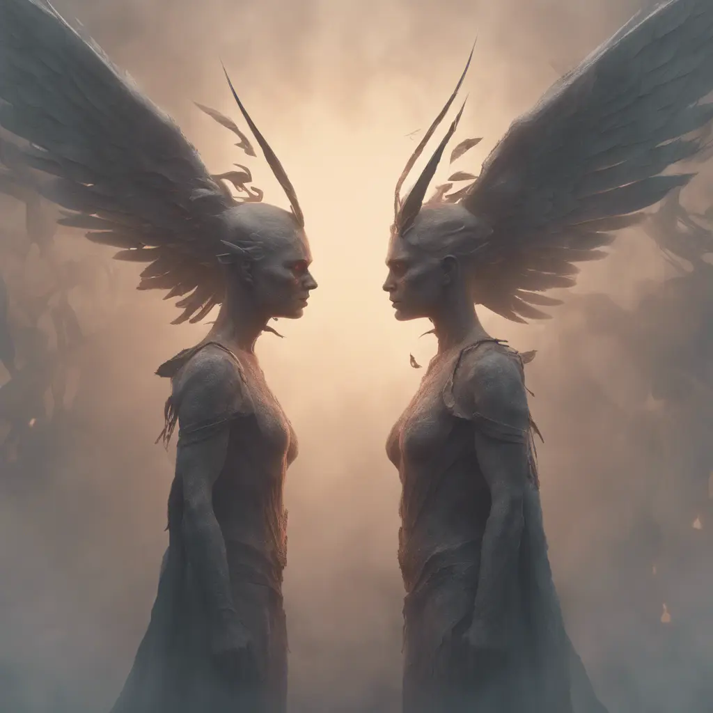 An angel and a demon in the fog of war, 8k, Symmetrical Face, Digital Illustration, Octane Render, Concept Art by Greg Rutkowski