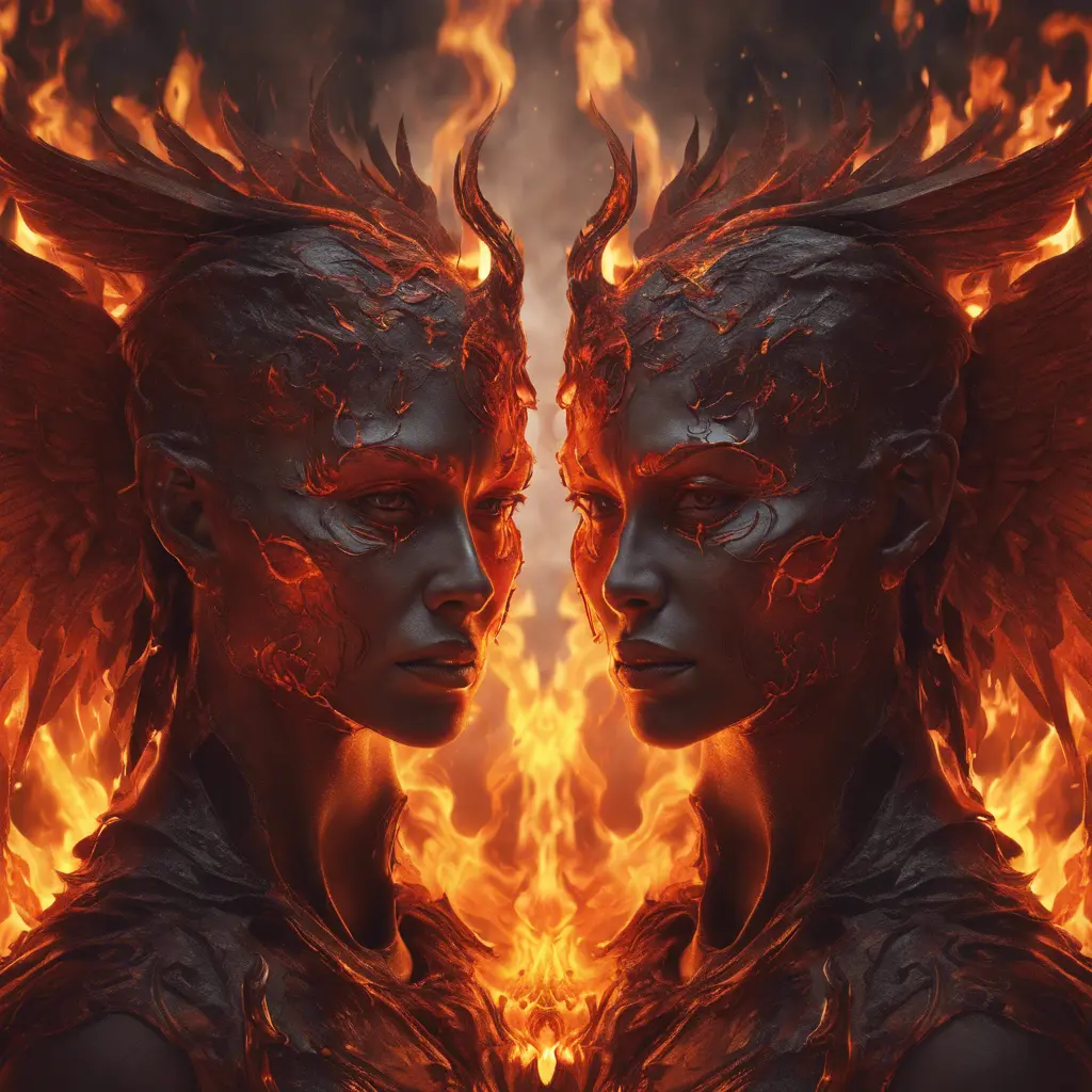 Angels and Demons surrounded by fire, 8k, Trending on Artstation, Symmetrical Face, Digital Illustration, Concept Art by Stefan Kostic