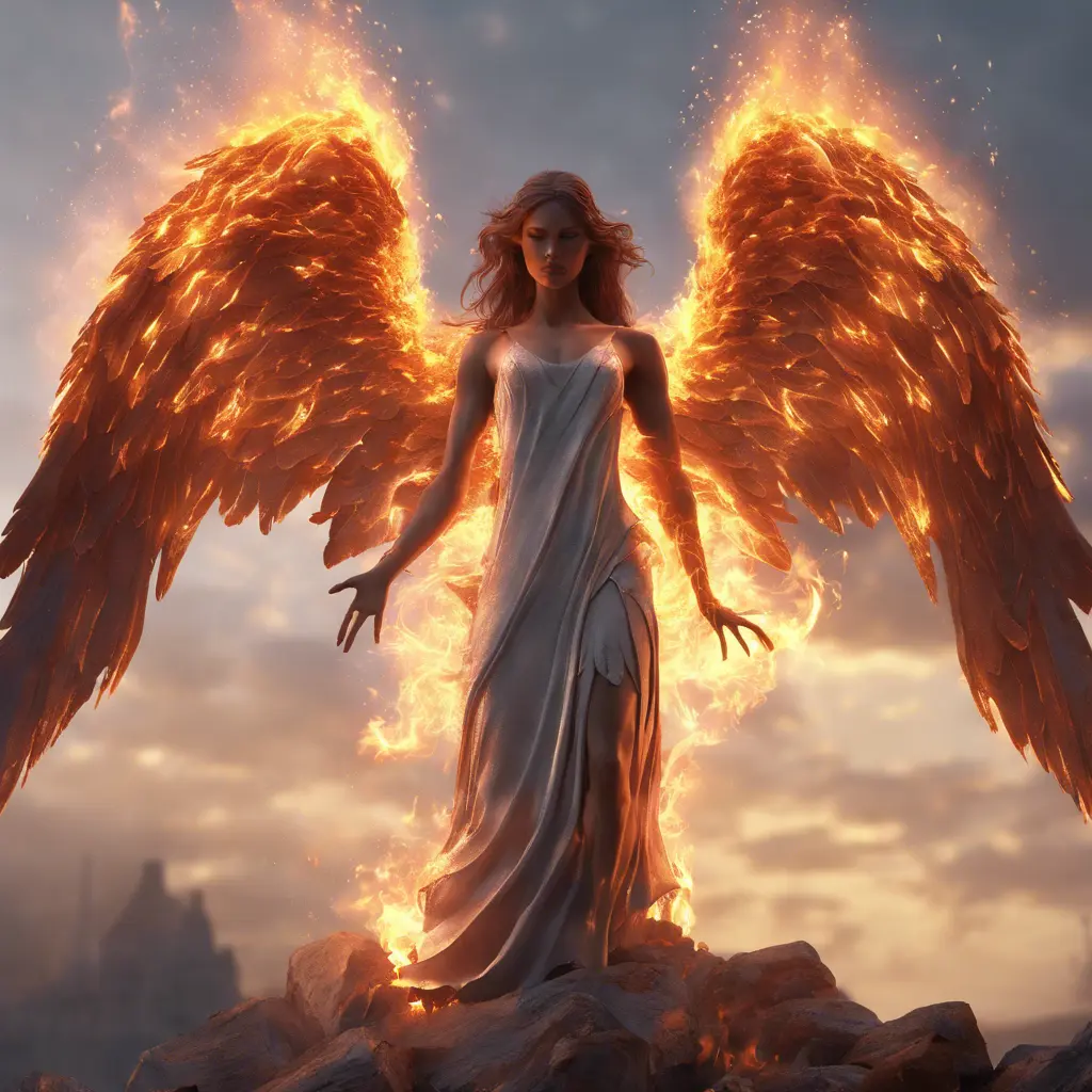 Angel with wings made of Fire, 8k, Stunning, Volumetric Lighting, Concept Art by Stefan Kostic
