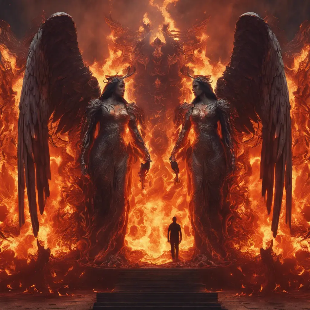 Angels and Demons surrounded by fire, 8k, Trending on Artstation, Symmetrical Face, Digital Illustration, Concept Art by Stefan Kostic
