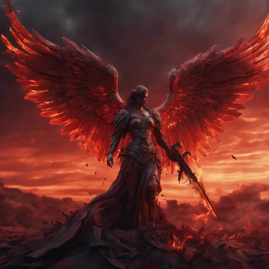 An armed angel with wings made of fire on a bloody battlefield with a bloodred sunset, 8k, Highly Detailed, Stunning, Volumetric Lighting, Fantasy, Dark by Stefan Kostic