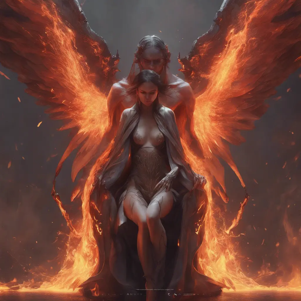 An angel and a demon surrounded by fire, 8k, Trending on Artstation, Symmetrical Face, Digital Illustration, Concept Art by WLOP