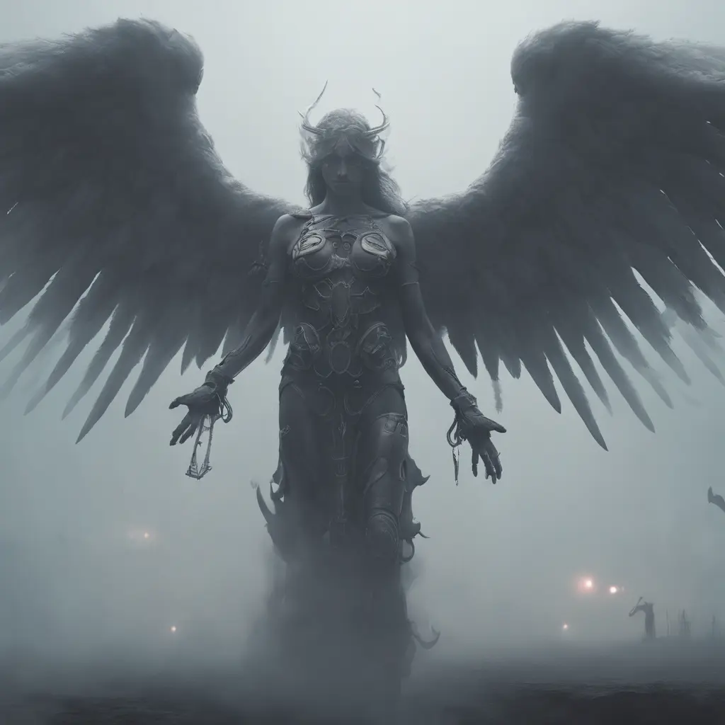 An angel and a demon in the fog of war, 8k, Symmetrical Face, Digital Illustration, Octane Render, Concept Art by Greg Rutkowski