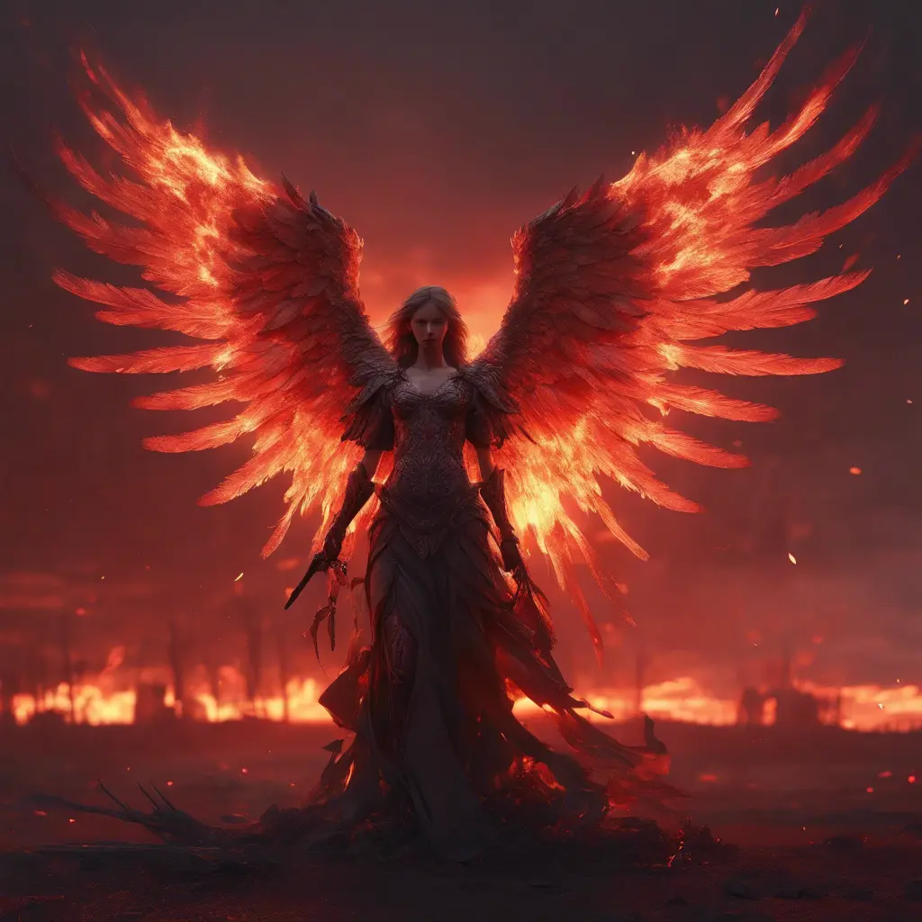 An angel with wings made of fire on a bloody battlefield with a bloodred sunset, 8k, Highly Detailed, Stunning, Volumetric Lighting, Fantasy, Dark by WLOP