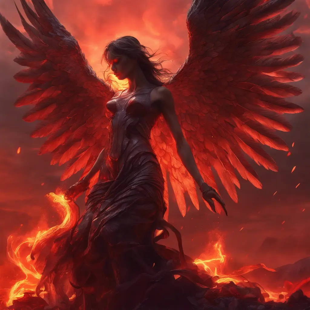 An angel with wings made of fire on a bloody battlefield with a bloodred sunset, 8k, Highly Detailed, Stunning, Volumetric Lighting, Fantasy, Dark by Stanley Artgerm Lau