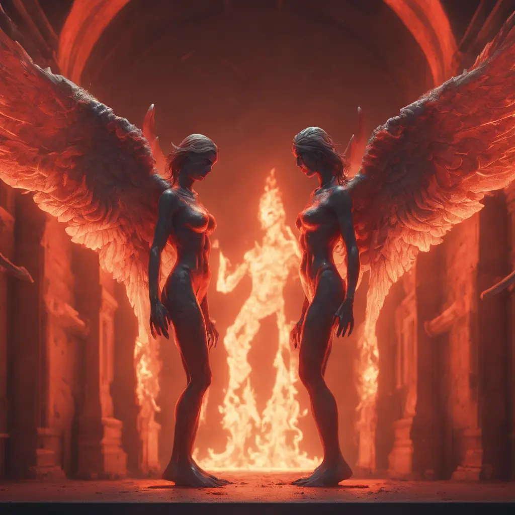 An angel and a demon in hell, 8k, Trending on Artstation, Symmetrical Face, Digital Illustration, Octane Render, Concept Art by Greg Rutkowski