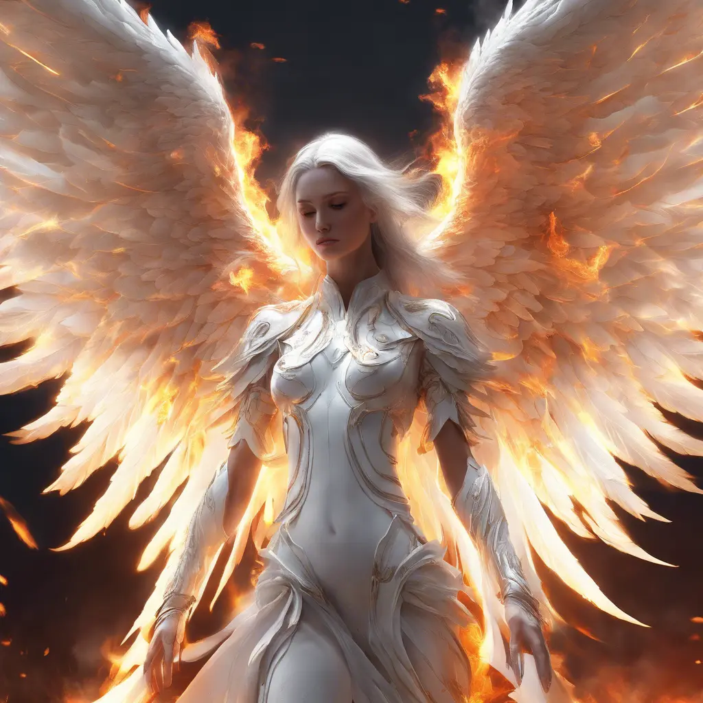 An angel in white with wings made of fire on a battlefield, 8k, Highly Detailed, Stunning, Volumetric Lighting, Fantasy, Dark by Stanley Artgerm Lau