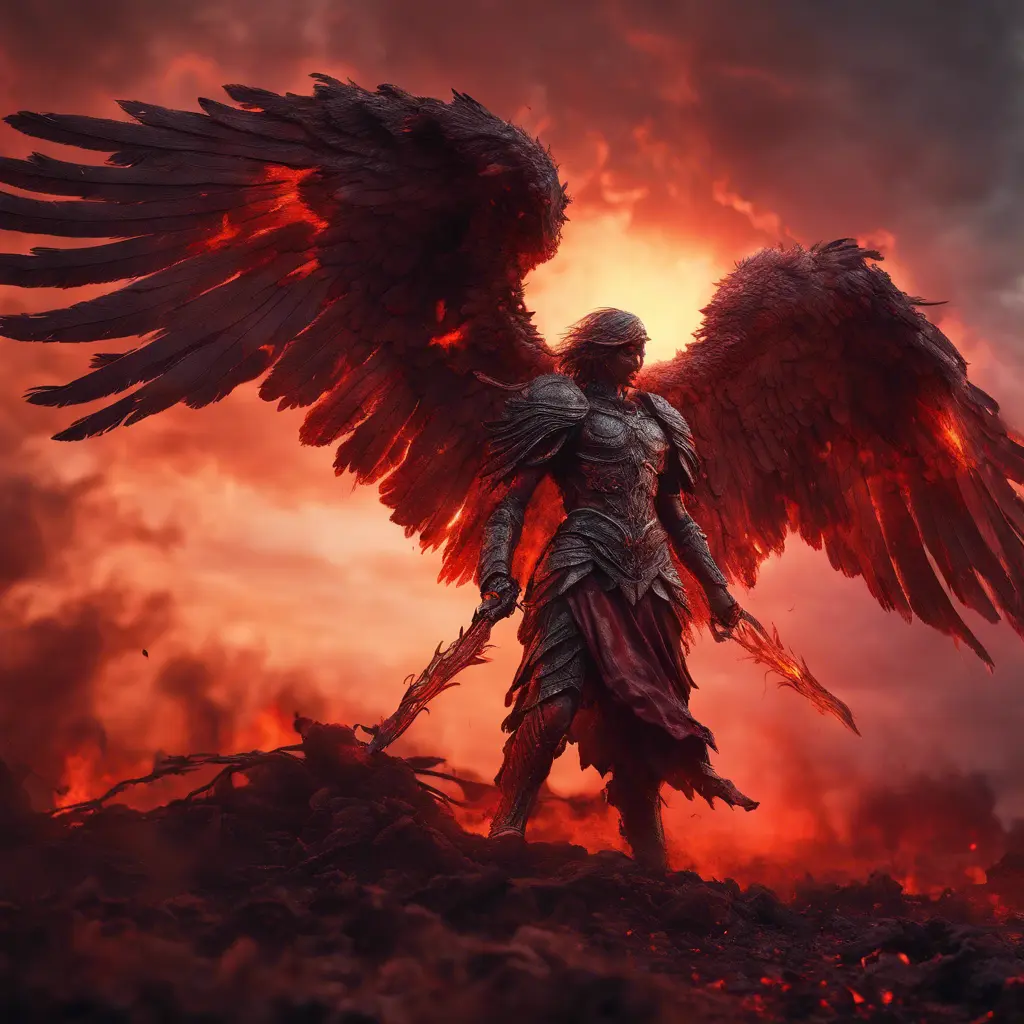 An armed angel with wings made of fire on a bloody battlefield with a bloodred sunset, 8k, Highly Detailed, Stunning, Volumetric Lighting, Fantasy, Dark by Stefan Kostic