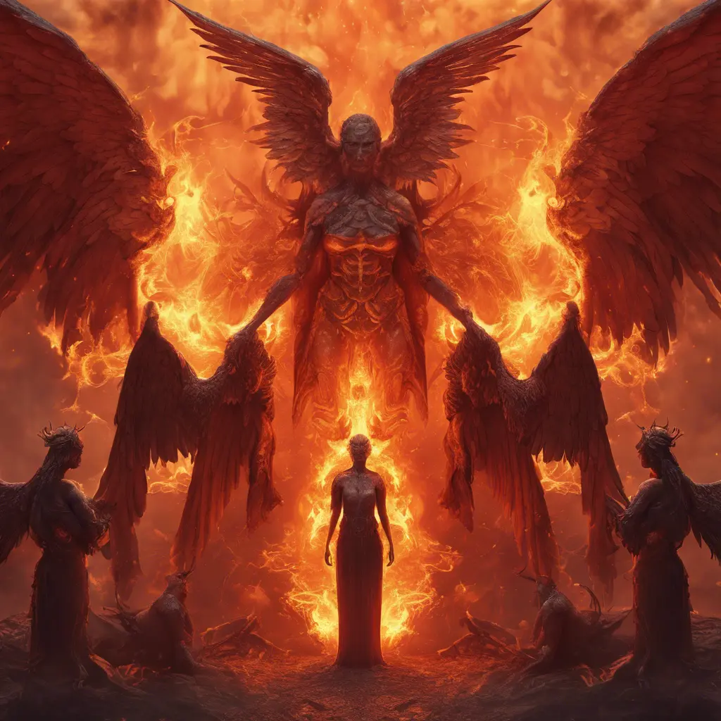 Angels and Demons surrounded by fire, 8k, Trending on Artstation, Symmetrical Face, Digital Illustration, Concept Art by Stefan Kostic