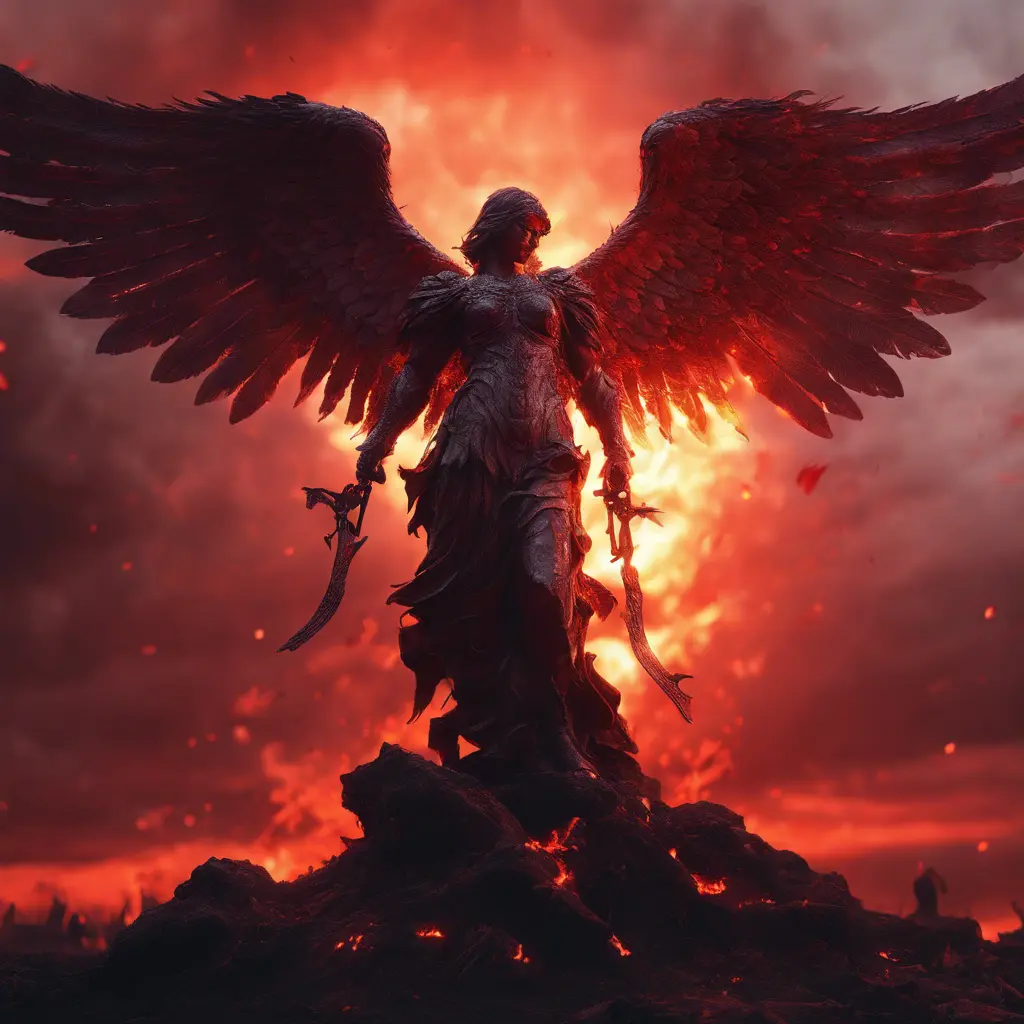 An armed angel with wings made of fire on a bloody battlefield with a bloodred sunset, 8k, Highly Detailed, Stunning, Volumetric Lighting, Fantasy, Dark by Stefan Kostic
