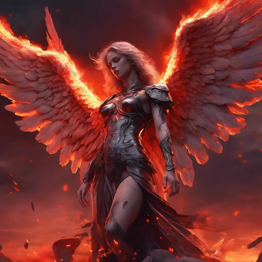 An angel with wings made of fire on a bloody battlefield with a bloodred sunset, 8k, Highly Detailed, Stunning, Volumetric Lighting, Fantasy, Dark by Stanley Artgerm Lau