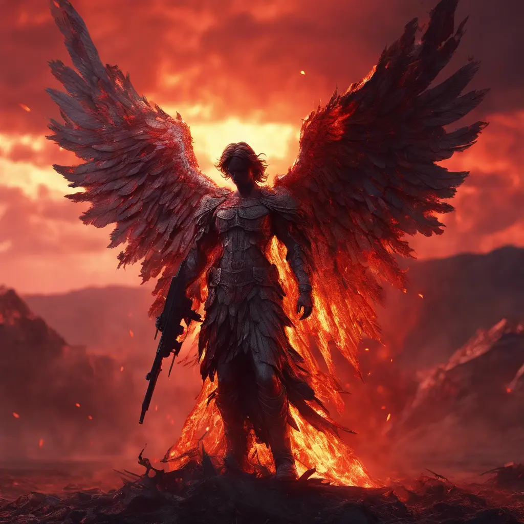 An armed angel with wings made of fire on a bloody battlefield with a bloodred sunset, 8k, Highly Detailed, Stunning, Volumetric Lighting, Fantasy, Dark by Stefan Kostic