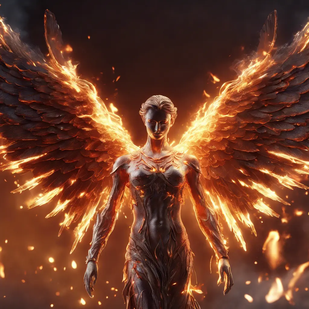 Angel with wings made of Fire, 8k, Stunning, Volumetric Lighting, Concept Art by Stefan Kostic