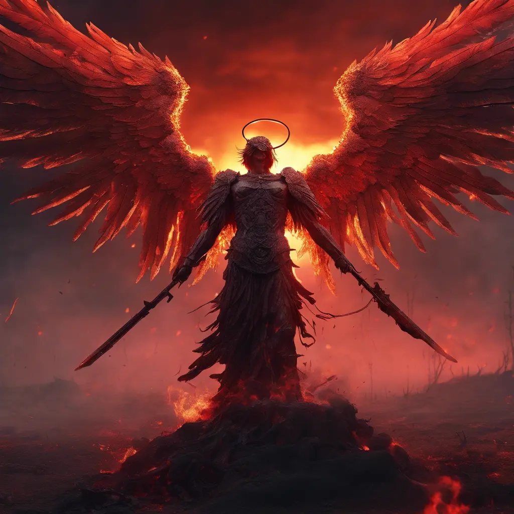 An armed angel with wings made of fire on a bloody battlefield with a bloodred sunset, 8k, Highly Detailed, Stunning, Volumetric Lighting, Fantasy, Dark by Stefan Kostic