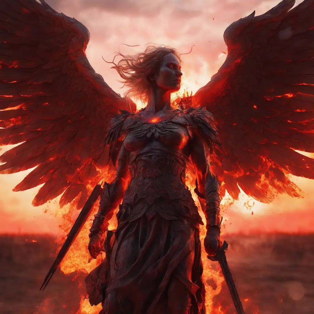 An angel with wings made of fire on a bloody battlefield with a bloodred sunset, 8k, Highly Detailed, Stunning, Volumetric Lighting, Fantasy, Dark by Greg Rutkowski