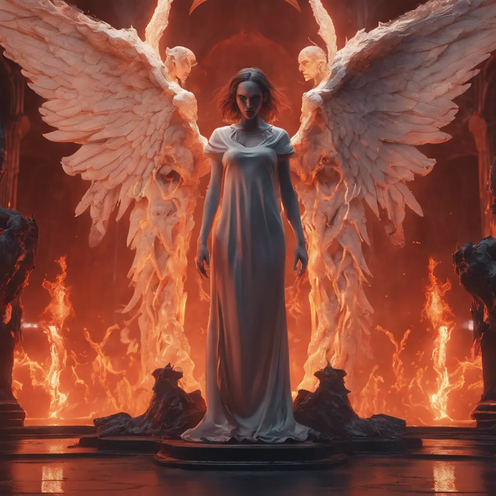 An angel and a demon in hell, 8k, Trending on Artstation, Symmetrical Face, Digital Illustration, Octane Render, Concept Art by Greg Rutkowski