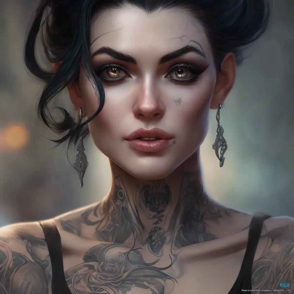 Matte portrait of Morgana with tattoos, 8k, Highly Detailed, Alluring, Artstation, Bokeh effect, Sharp Focus, Volumetric Lighting, Concept Art by Stanley Artgerm Lau, Greg Rutkowski