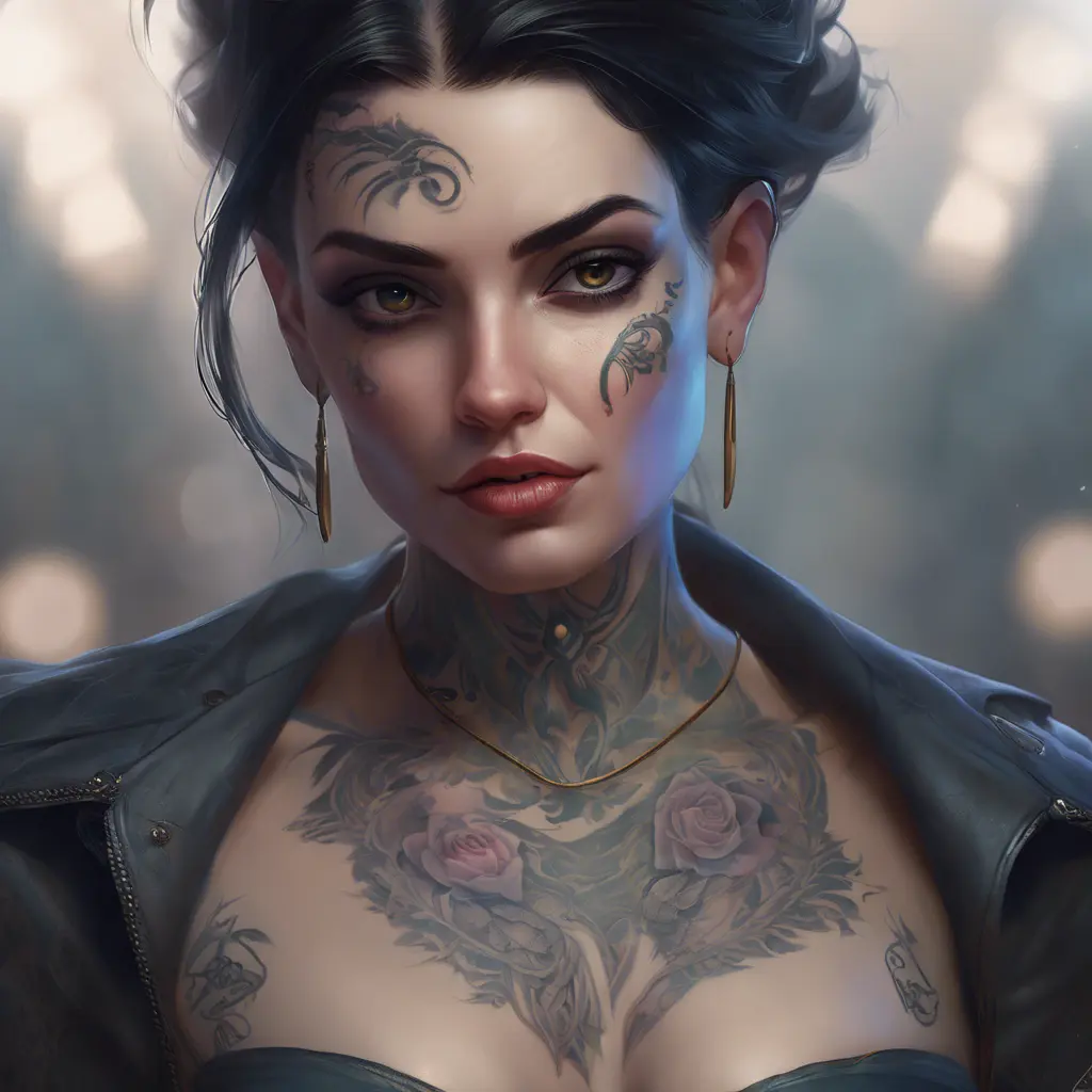Matte portrait of Morgana with tattoos, 8k, Highly Detailed, Alluring, Artstation, Bokeh effect, Sharp Focus, Volumetric Lighting, Concept Art by Stanley Artgerm Lau, Greg Rutkowski